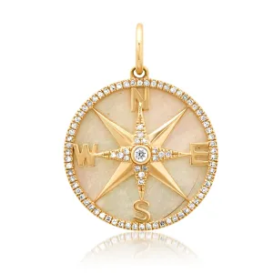 14K Gold Mother of Pearl and Pave Diamond Compass Charm, Large