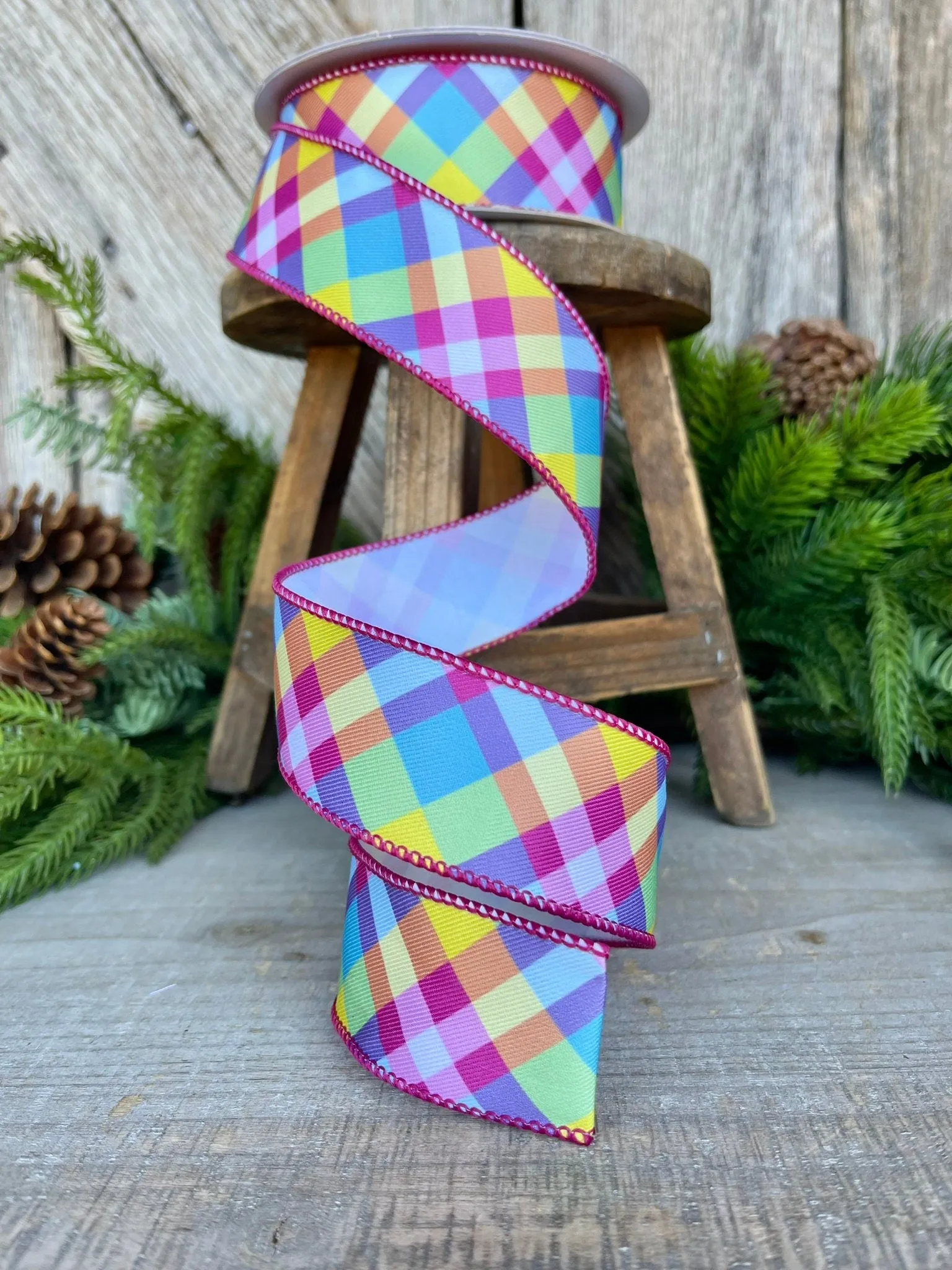 1.5" Bright Pastel Plaid Wired RIbbon, Spring Ribbon