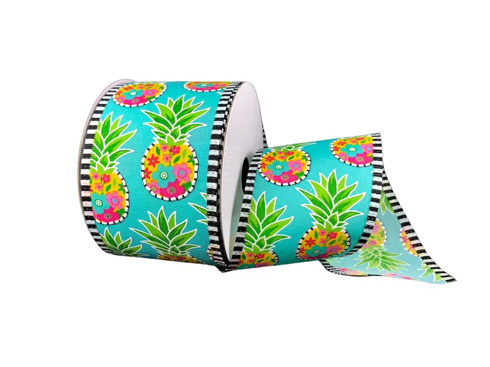 2.5" Floral Pineapple Print Ribbon: Turquoise - 10yds