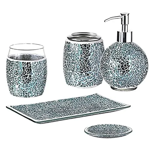 5Piece Bathroom Accessory Set, Mosaic Glass Ensemble-Soap Dispenser/Toothbrush HolderTum