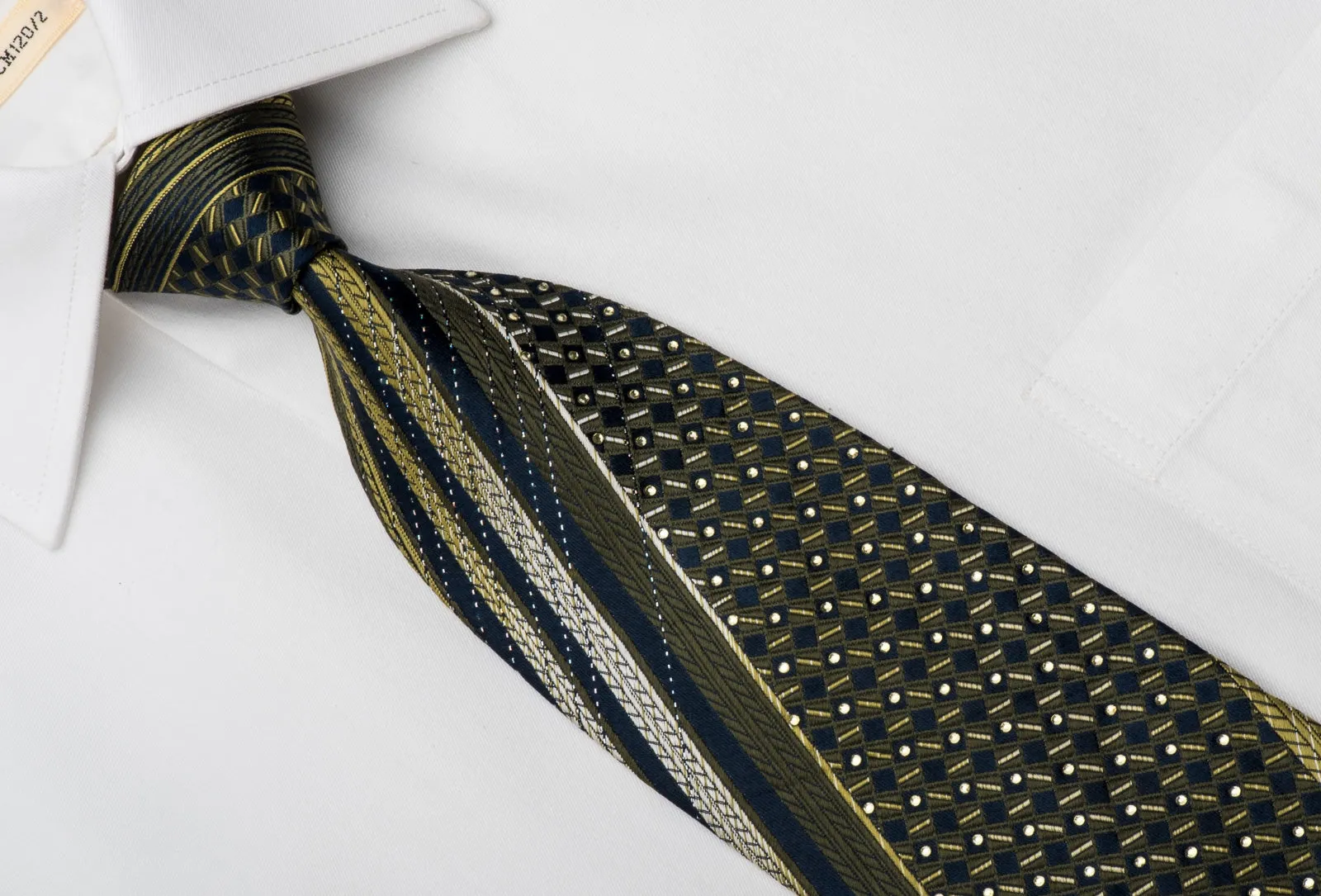 Basic Elle Rhinestone Silk Necktie Olive Green & Checker On Navy With Silver Sparkles