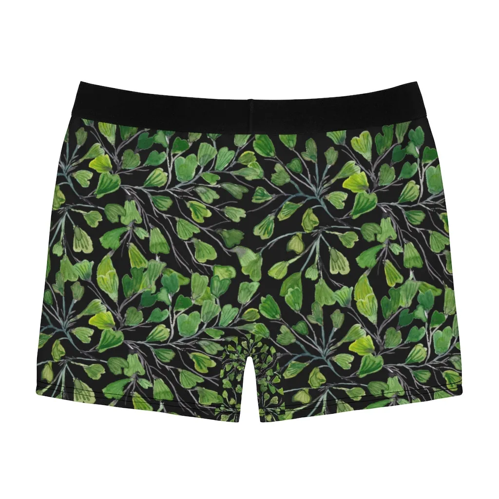 Black Maidenhair Men's Boxer Briefs, Green Tropical Fern Leaf Print Sexy Underwear For Men