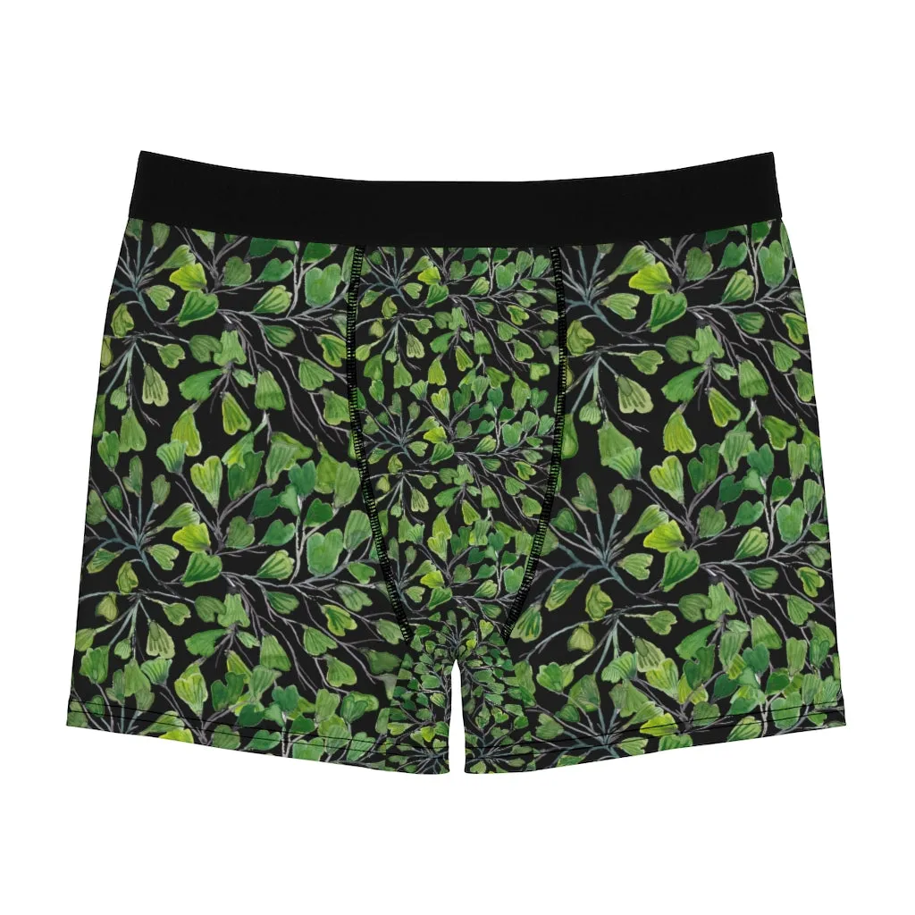 Black Maidenhair Men's Boxer Briefs, Green Tropical Fern Leaf Print Sexy Underwear For Men