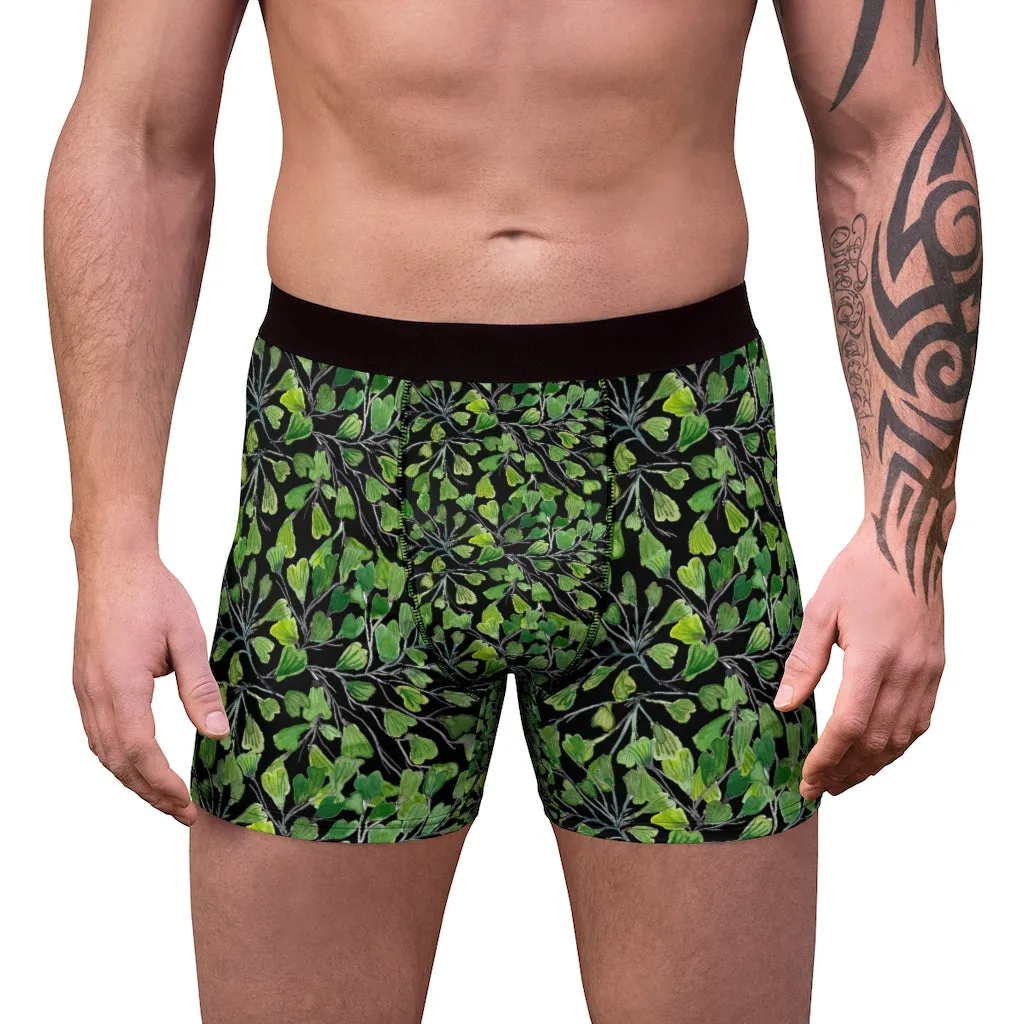 Black Maidenhair Men's Boxer Briefs, Green Tropical Fern Leaf Print Sexy Underwear For Men