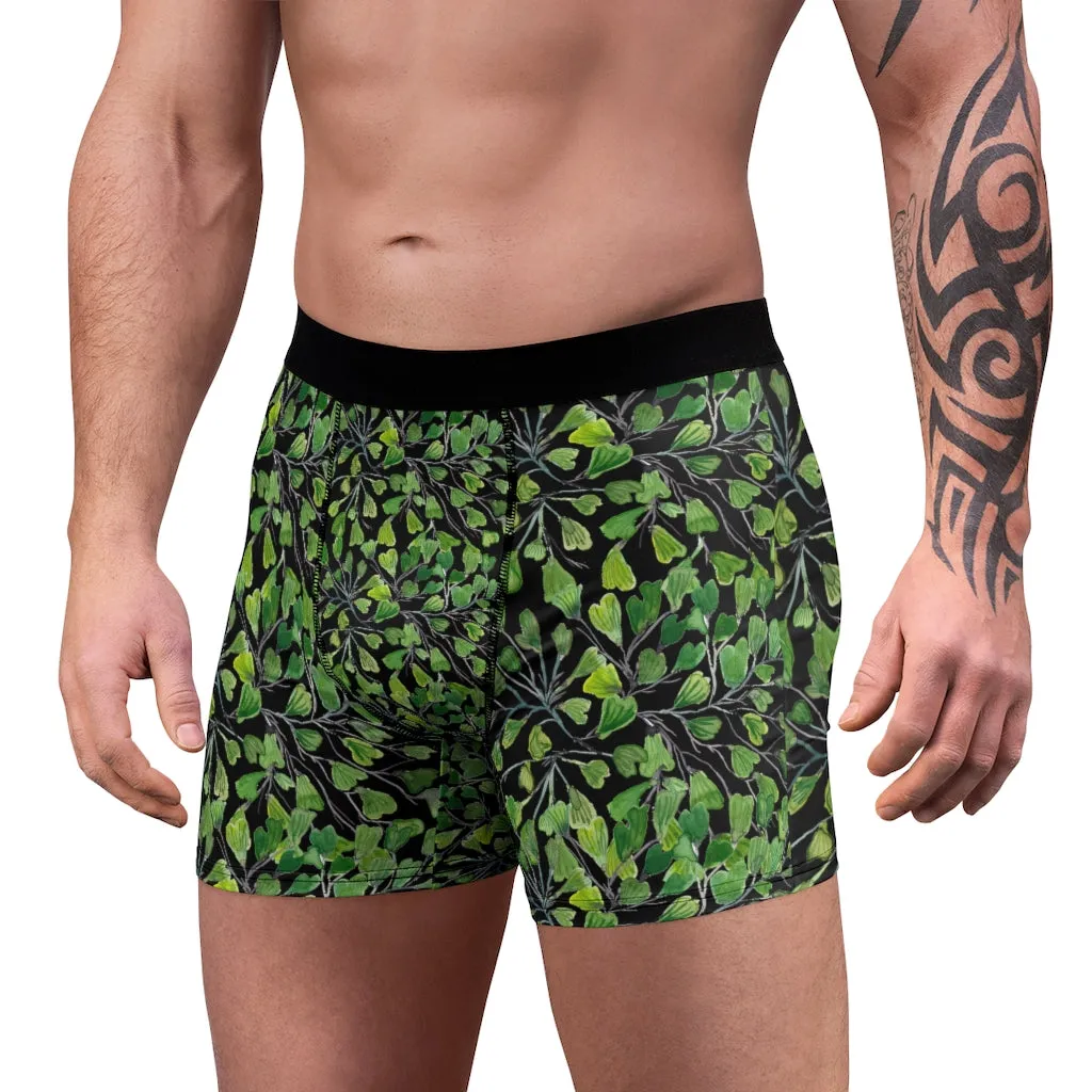 Black Maidenhair Men's Boxer Briefs, Green Tropical Fern Leaf Print Sexy Underwear For Men