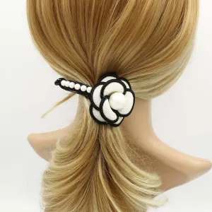 camellia flower white pearl ball embellished half moon hair clip