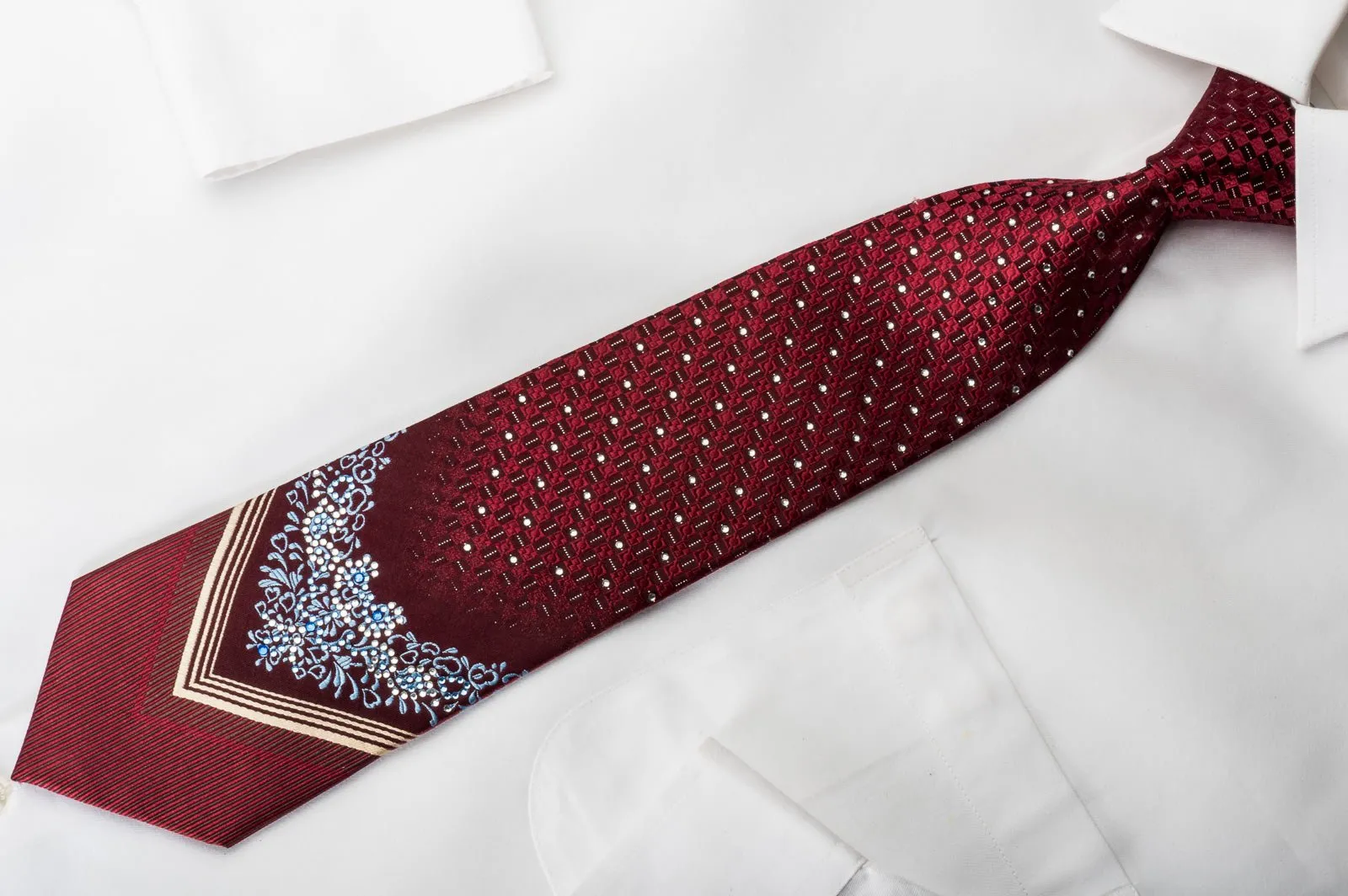 Christian Aujard Rhinestone Silk Necktie Burgundy With Silver Sparkles