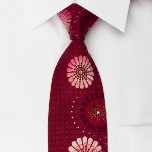 Cuni Homme Silk Rhinestone Necktie Abstract Floral On Burgundy With Silver Sparkles