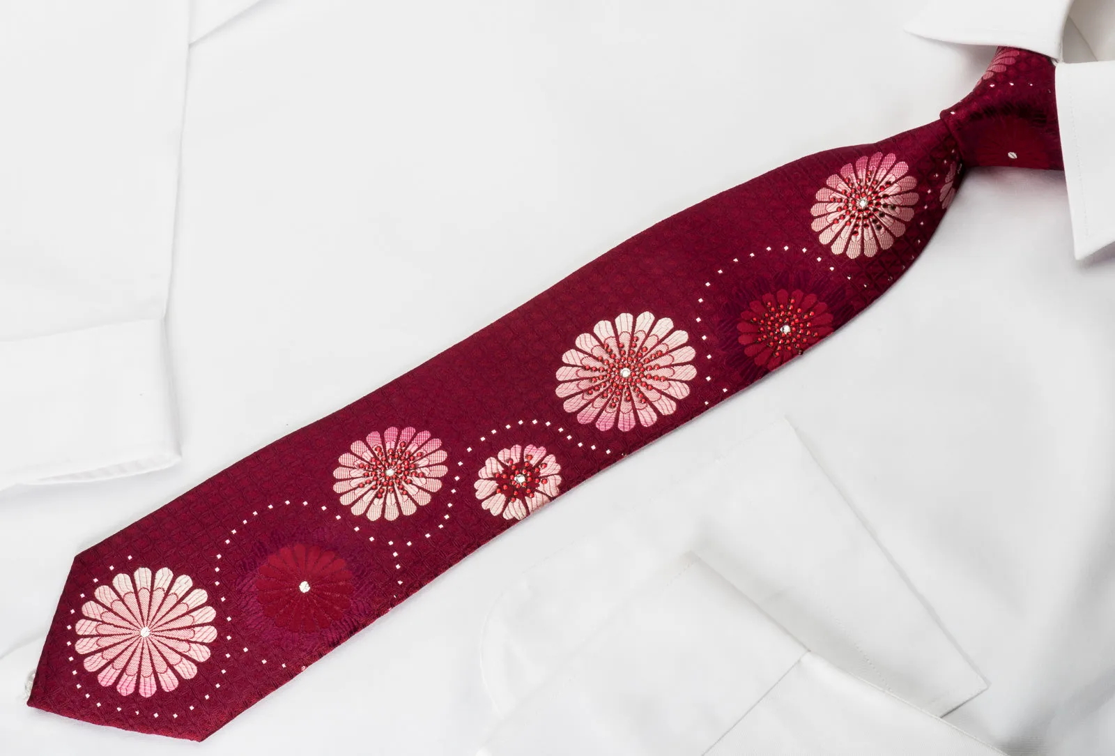 Cuni Homme Silk Rhinestone Necktie Abstract Floral On Burgundy With Silver Sparkles