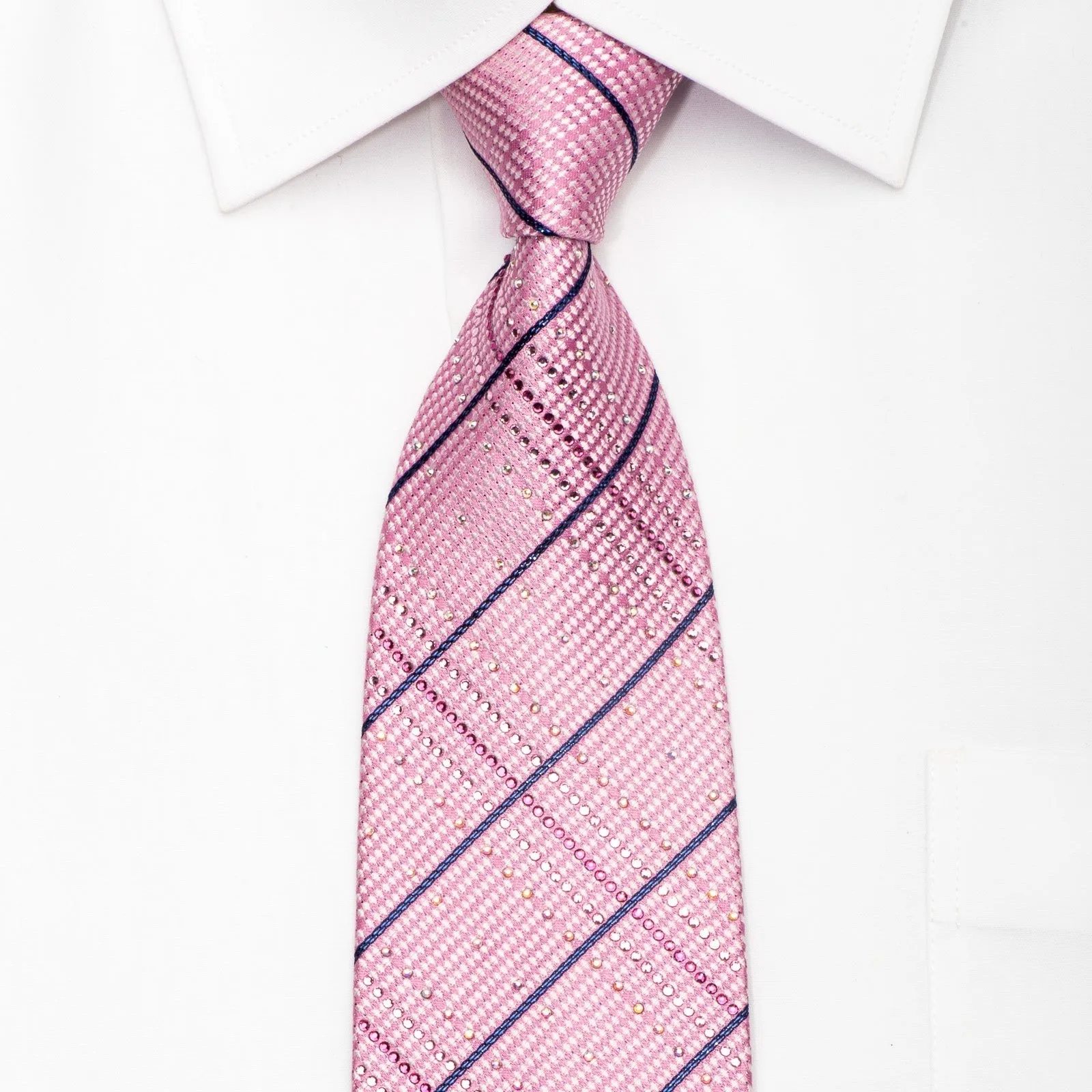 Daks Men's Silk Tie Striped On Pink Sparkling With Crystal Rhinestones