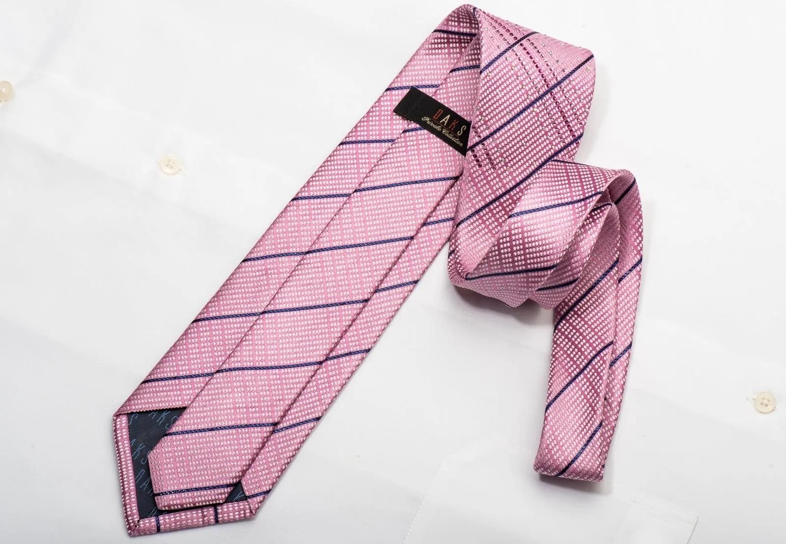 Daks Men's Silk Tie Striped On Pink Sparkling With Crystal Rhinestones