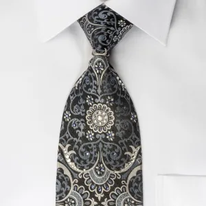 Daniel Hechter Men's Silk Rhinestone Necktie Silver Damask On Black