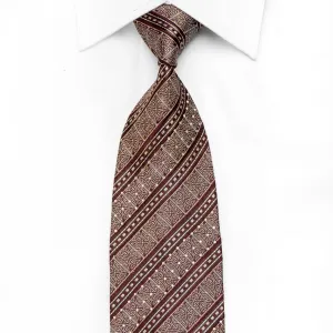 Elegance Men's Crystal Silk Necktie Gold Cartouche Striped On Burgundy With Silver Sparkles