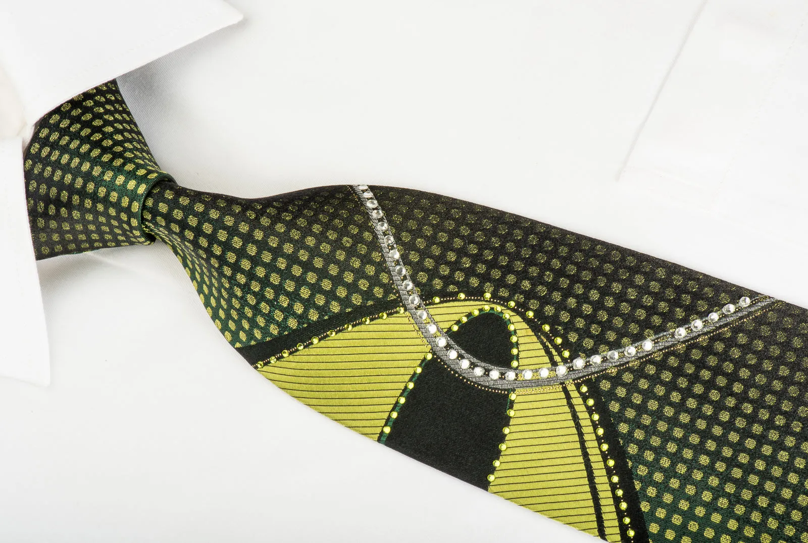 Grand Jour Rhinestone Silk Necktie Green Dots On Black With Sparkles