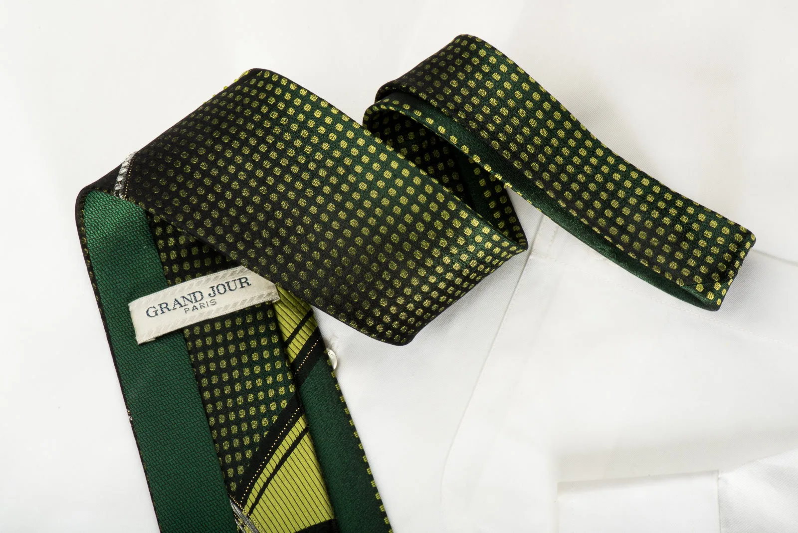 Grand Jour Rhinestone Silk Necktie Green Dots On Black With Sparkles