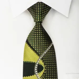 Grand Jour Rhinestone Silk Necktie Green Dots On Black With Sparkles