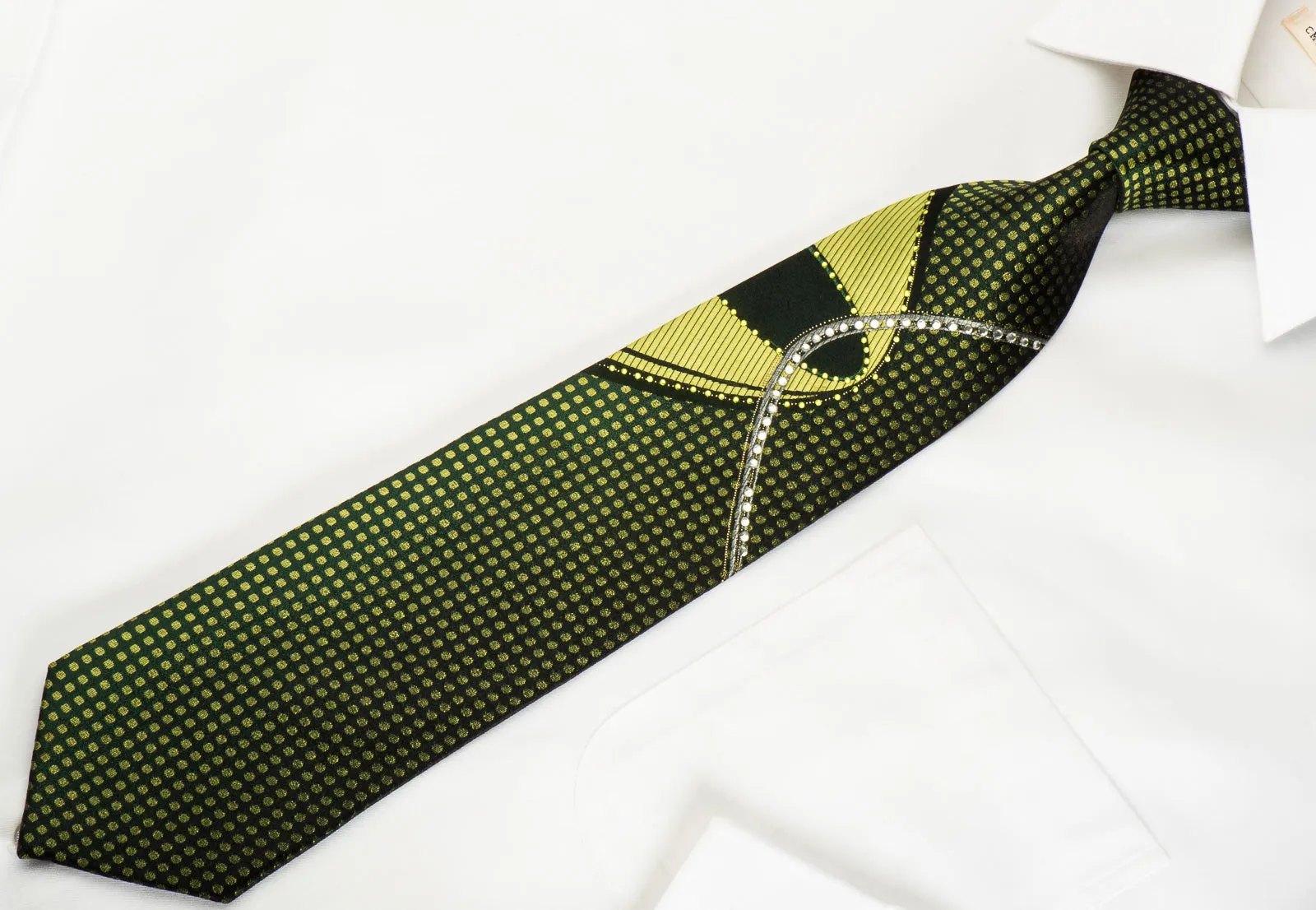 Grand Jour Rhinestone Silk Necktie Green Dots On Black With Sparkles