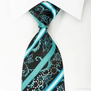 Grand Jour Rhinestone Silk Necktie Turquoise Striped On Dark Blue With Sparkles