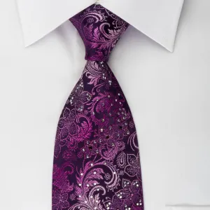 Grand Jour Silk Rhinestone Necktie Floral On Purple With Purple Sparkles