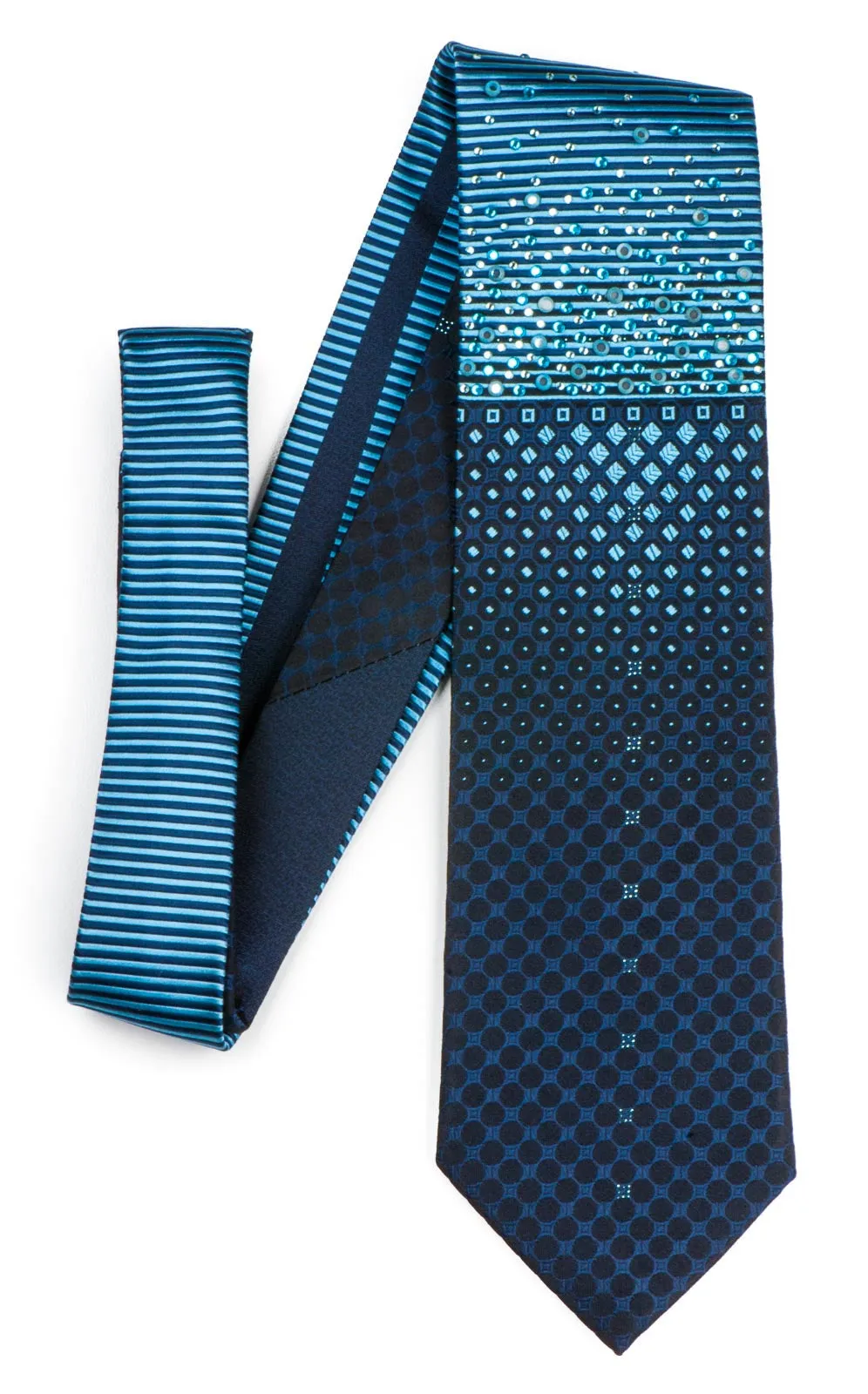 Grang Cia Mens Rhinestone Silk Necktie Blue Stripes Geometric Design 3 1/4 Inch