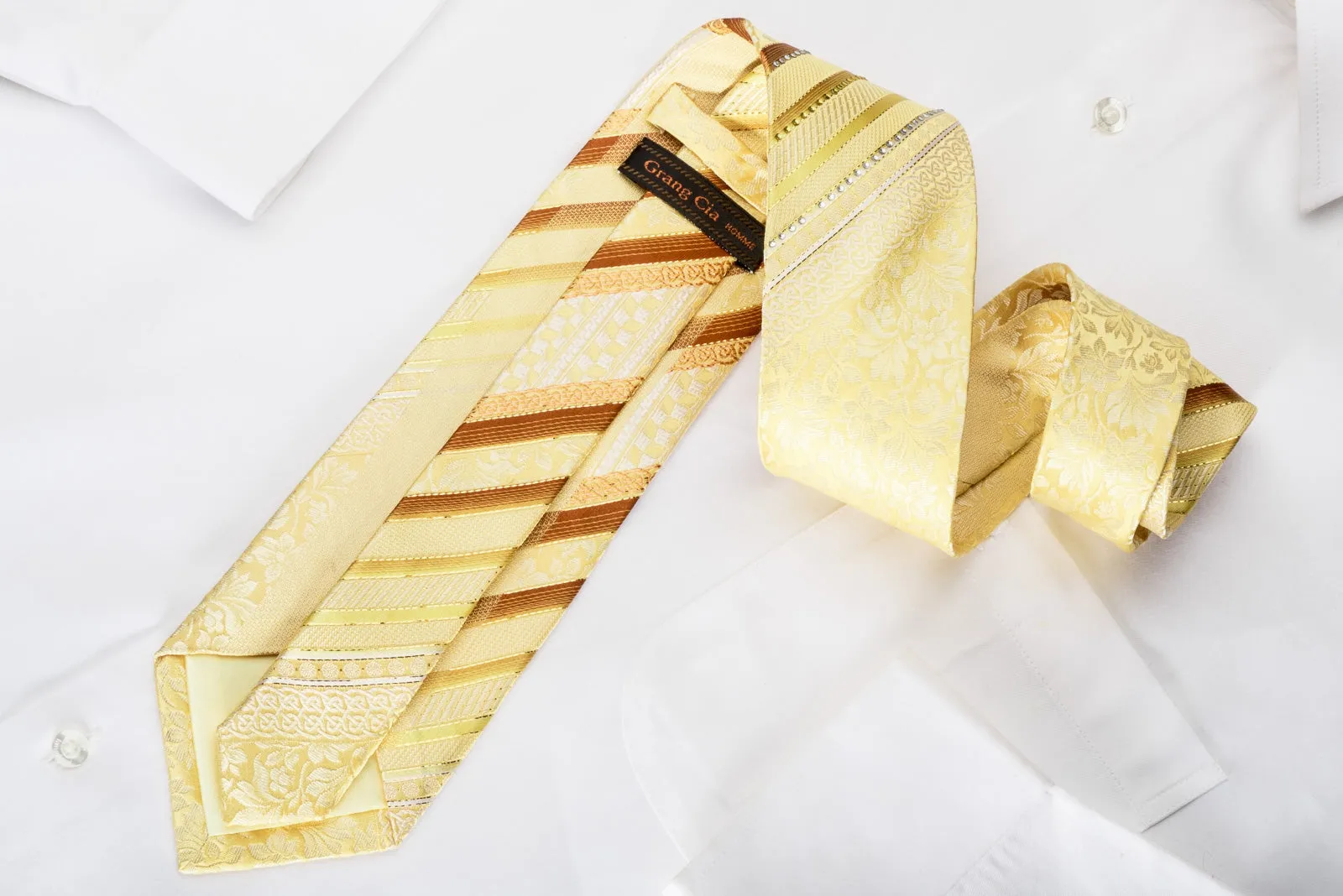 Grang Cia Rhinestone Necktie Floral Striped On Yellow With Gold Sparkles