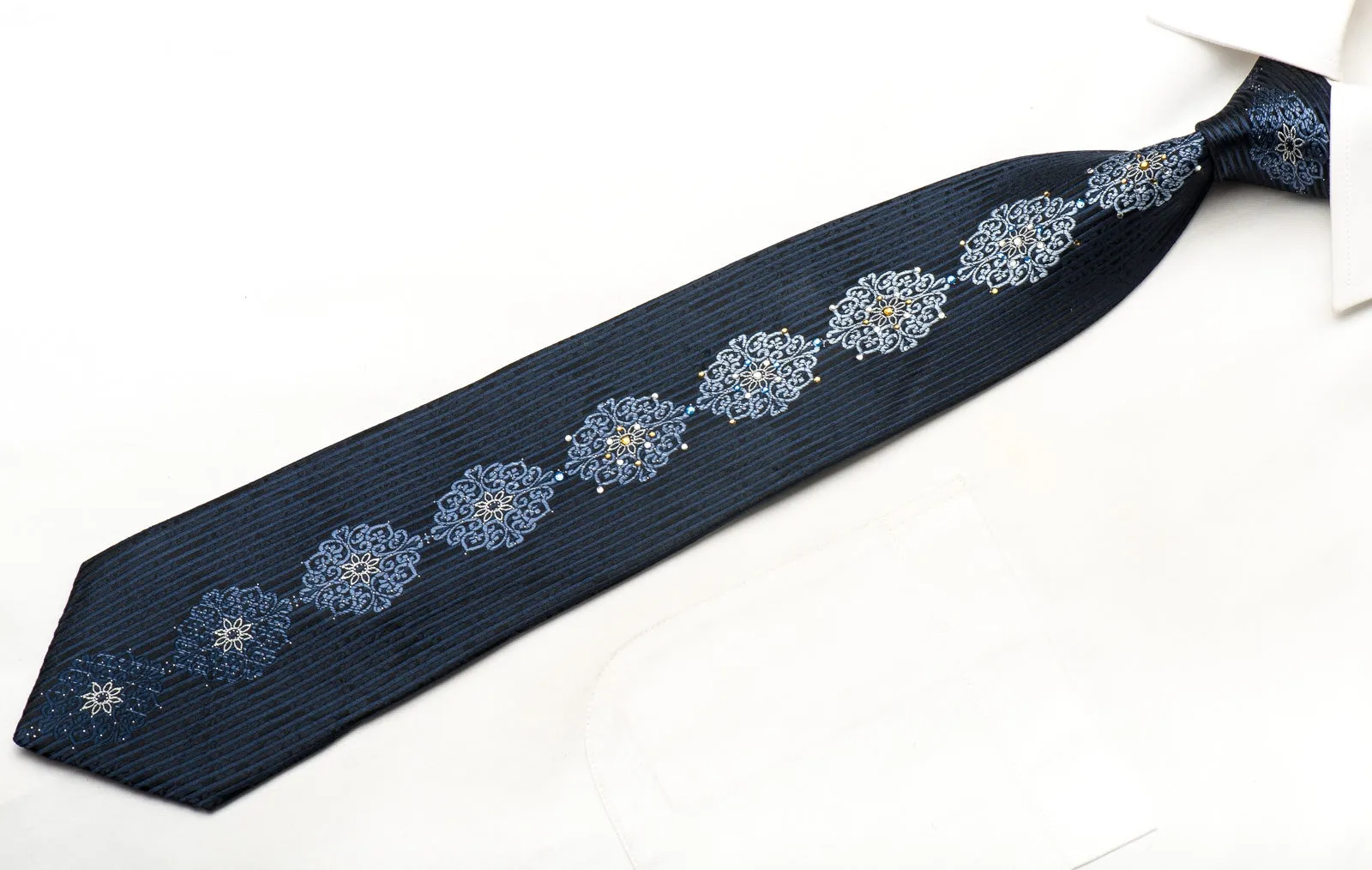 Indian Homme Men's Silk Necktie Blue Cartouche & Striped On Black Sparkling With Rhinestones