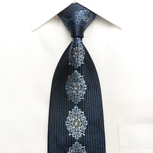 Indian Homme Men's Silk Necktie Blue Cartouche & Striped On Black Sparkling With Rhinestones