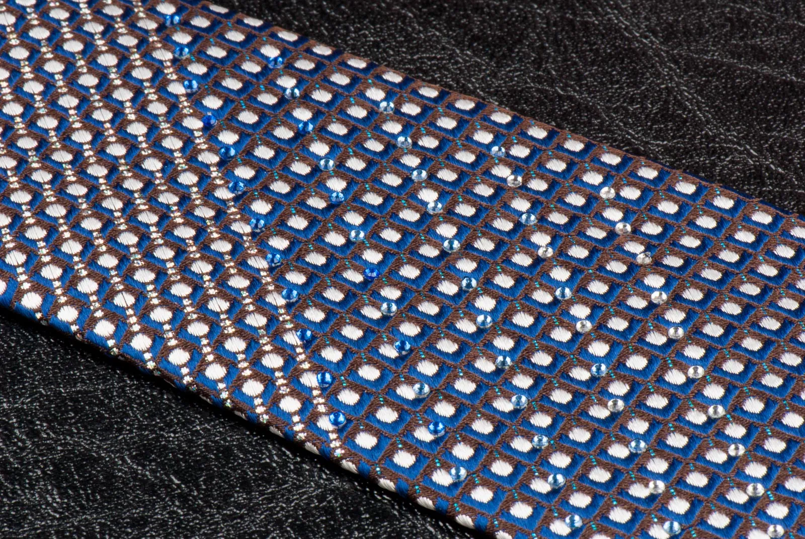 Indian Homme Rhinestone Silk Neck Tie Blue Silver Brown Checked Design