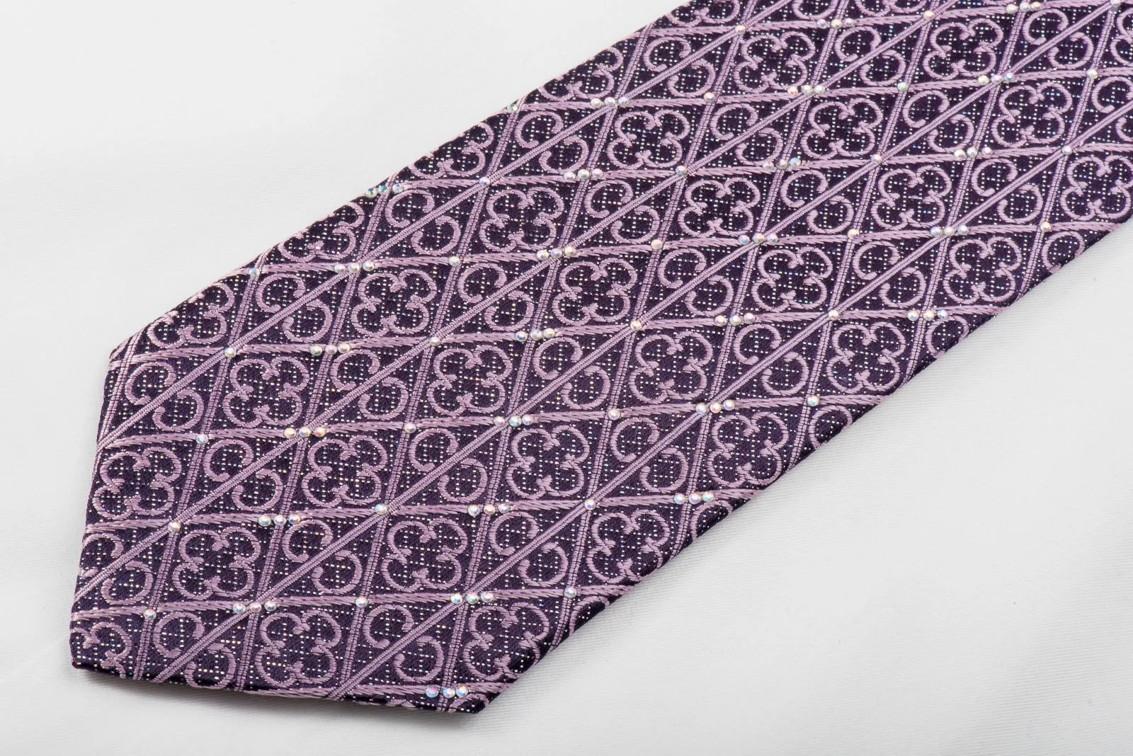 Indian Leaders Rhinestone Silk Tie Cartouche Trellis On Purple With Sparkles