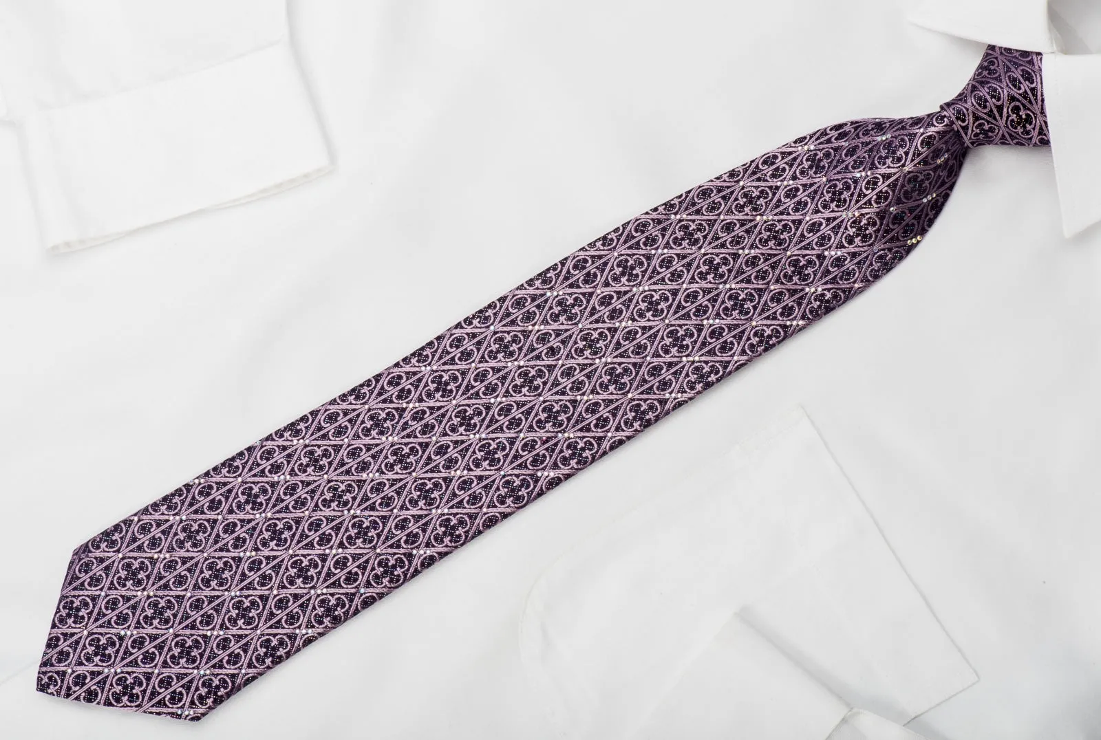 Indian Leaders Rhinestone Silk Tie Cartouche Trellis On Purple With Sparkles