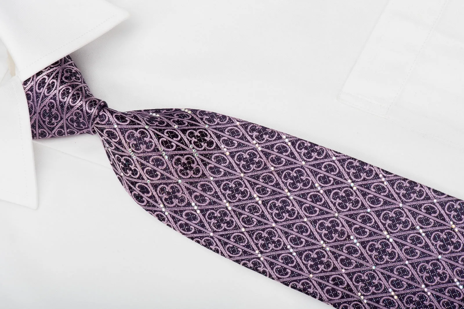 Indian Leaders Rhinestone Silk Tie Cartouche Trellis On Purple With Sparkles