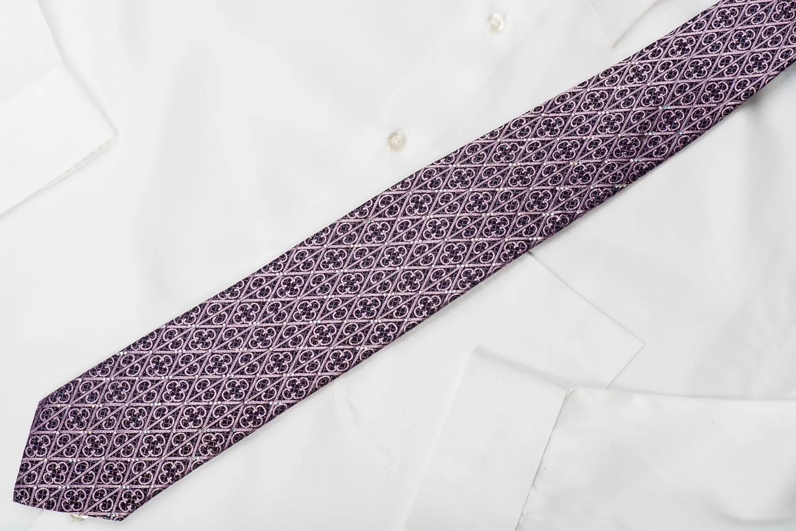 Indian Leaders Rhinestone Silk Tie Cartouche Trellis On Purple With Sparkles