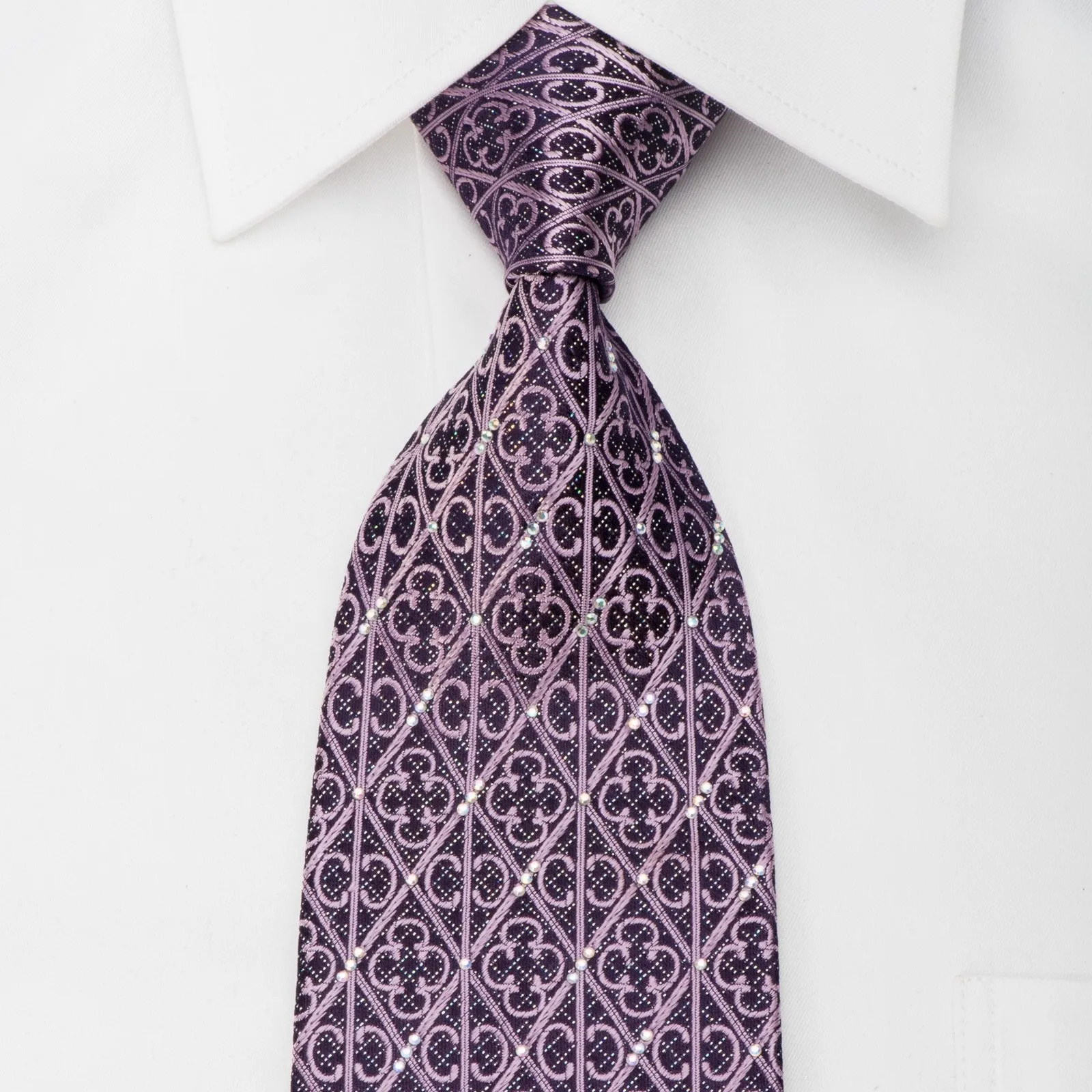 Indian Leaders Rhinestone Silk Tie Cartouche Trellis On Purple With Sparkles