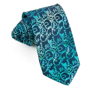 Lancetti SIlk Rhinestone Necktie Turquoise Vines On Navy Blue Tie With Blue Sparkles