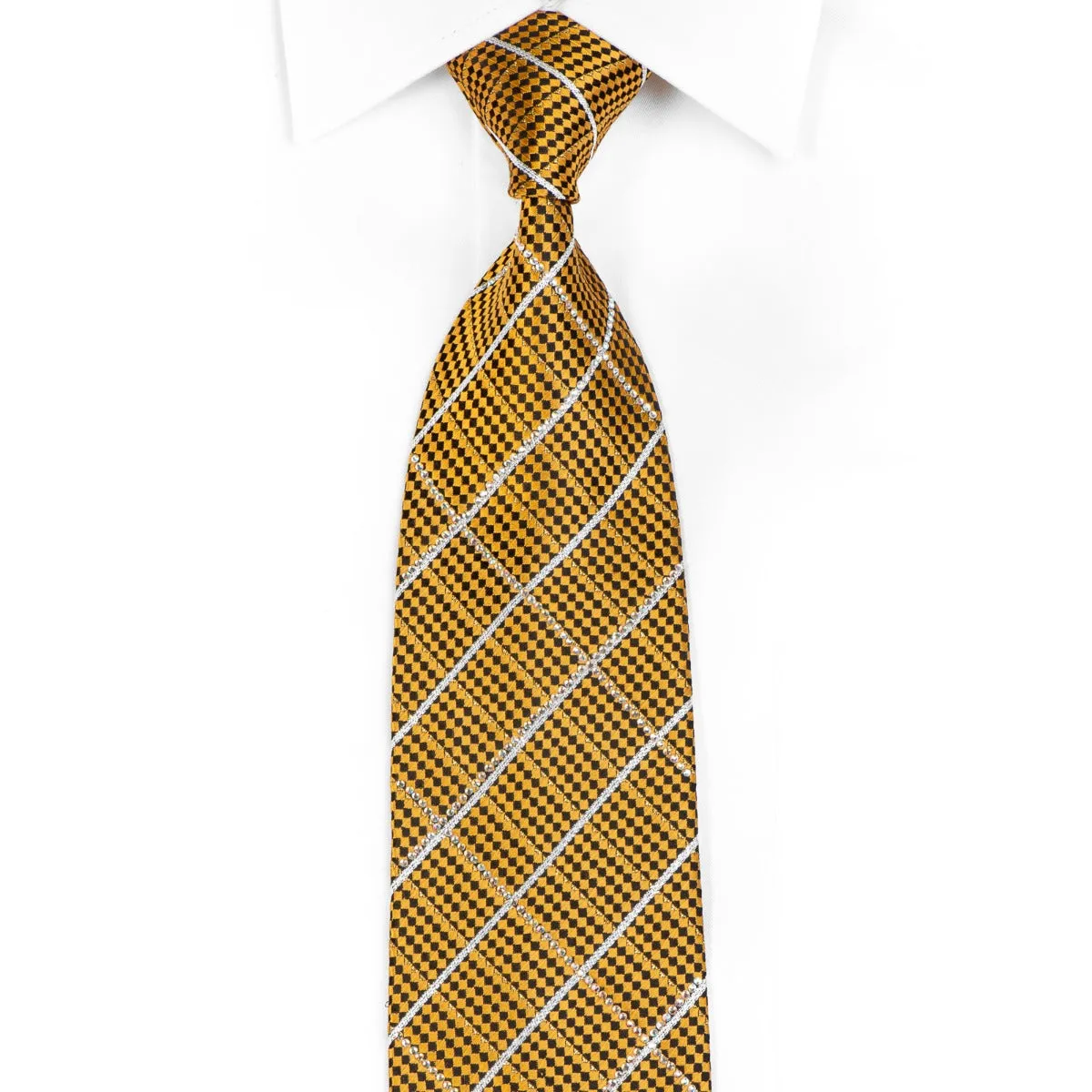 Leslie Vince Men's Rhinestone Tie Gold Black Micro Checkered