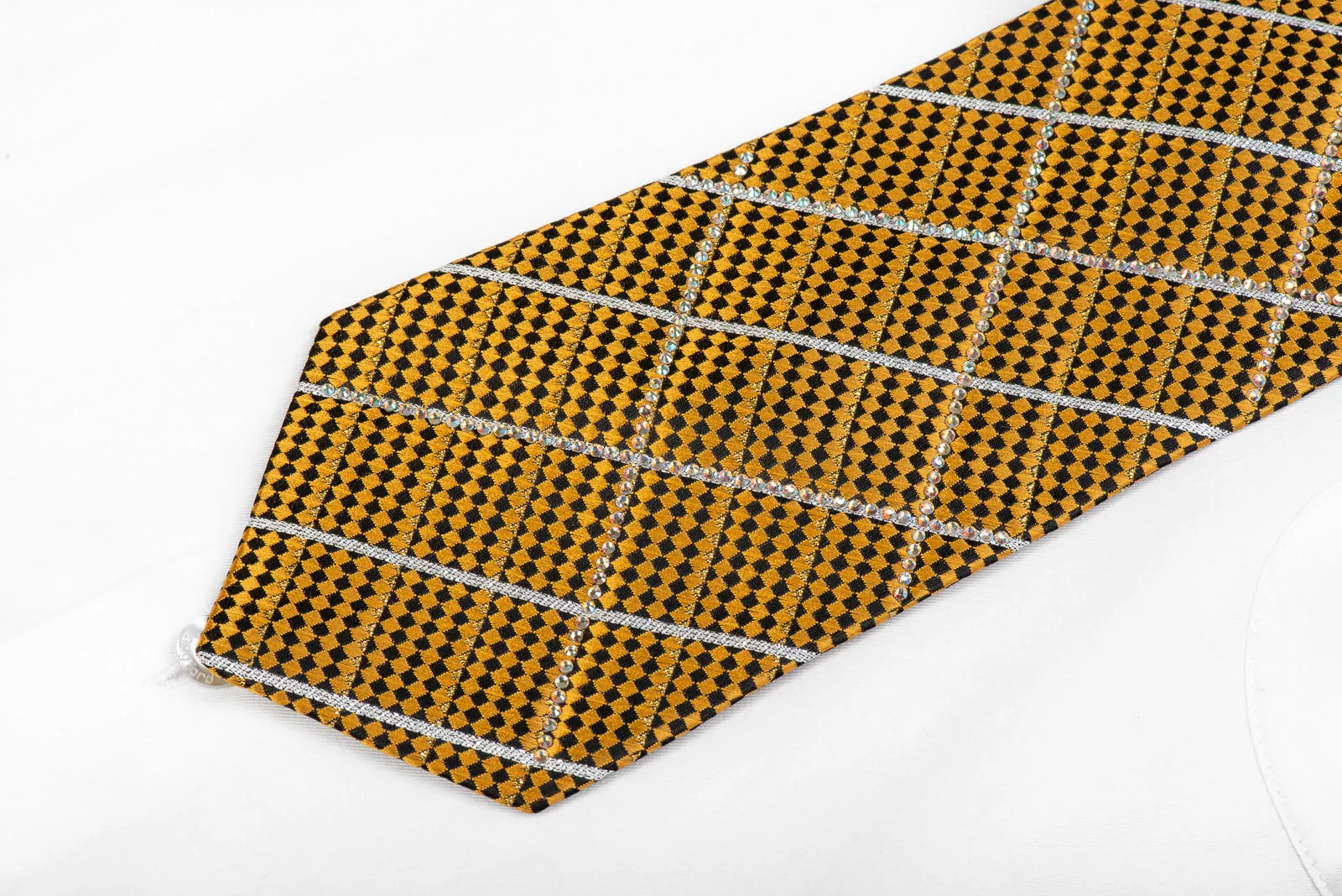 Leslie Vince Men's Rhinestone Tie Gold Black Micro Checkered