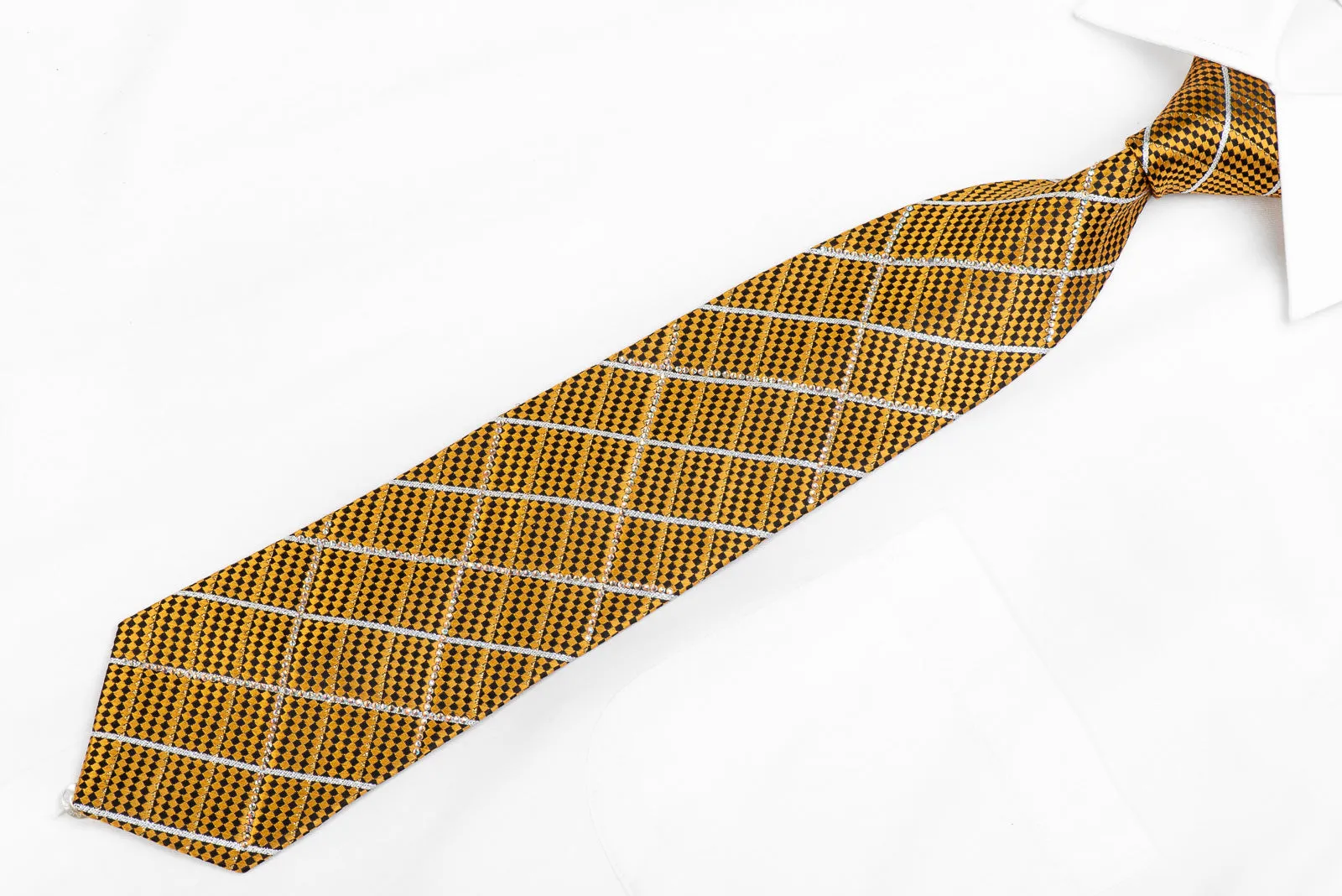 Leslie Vince Men's Rhinestone Tie Gold Black Micro Checkered