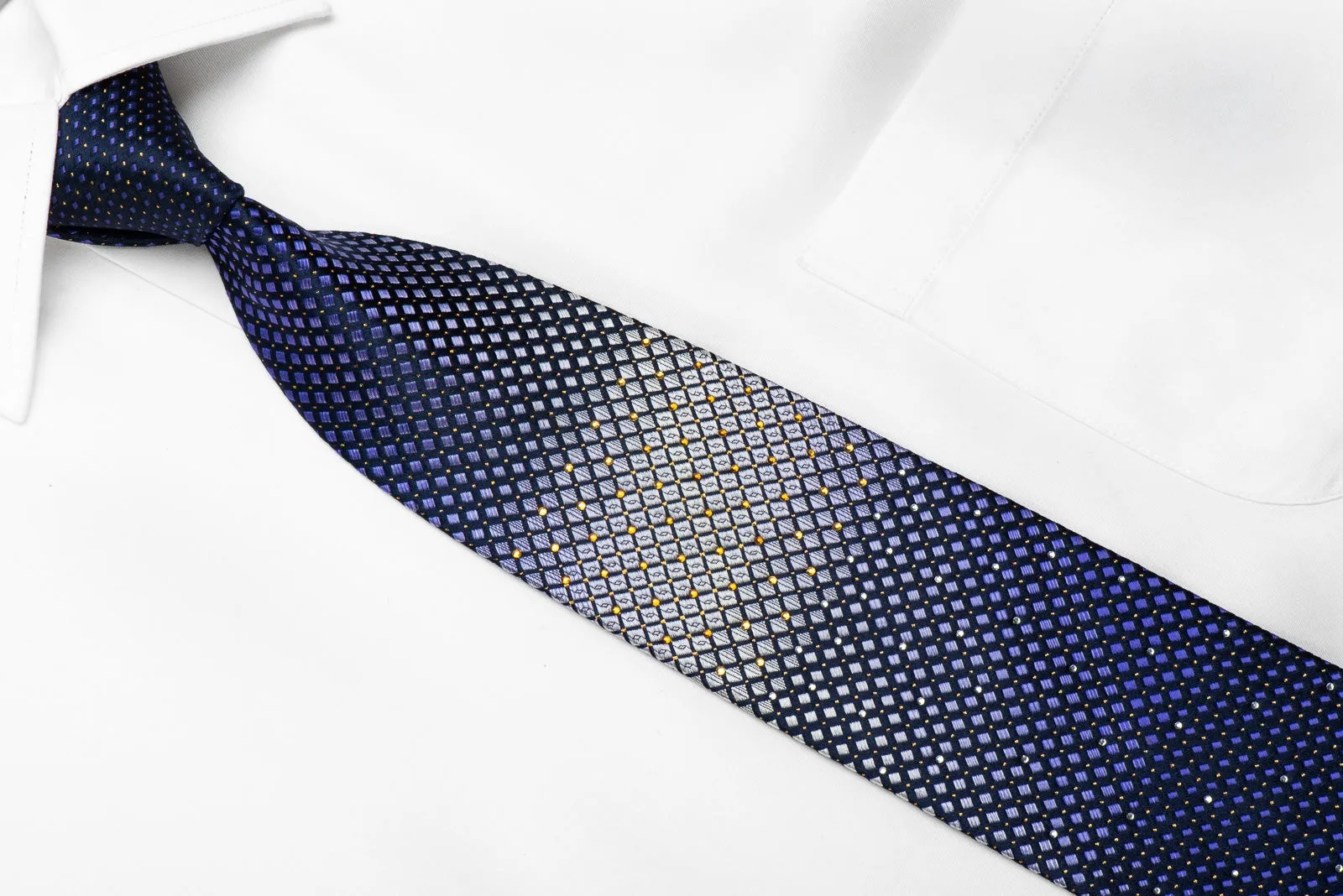 London Fog Men's Crystal Silk Necktie Purple Silver Geometric Checker On Navy With Sparkles