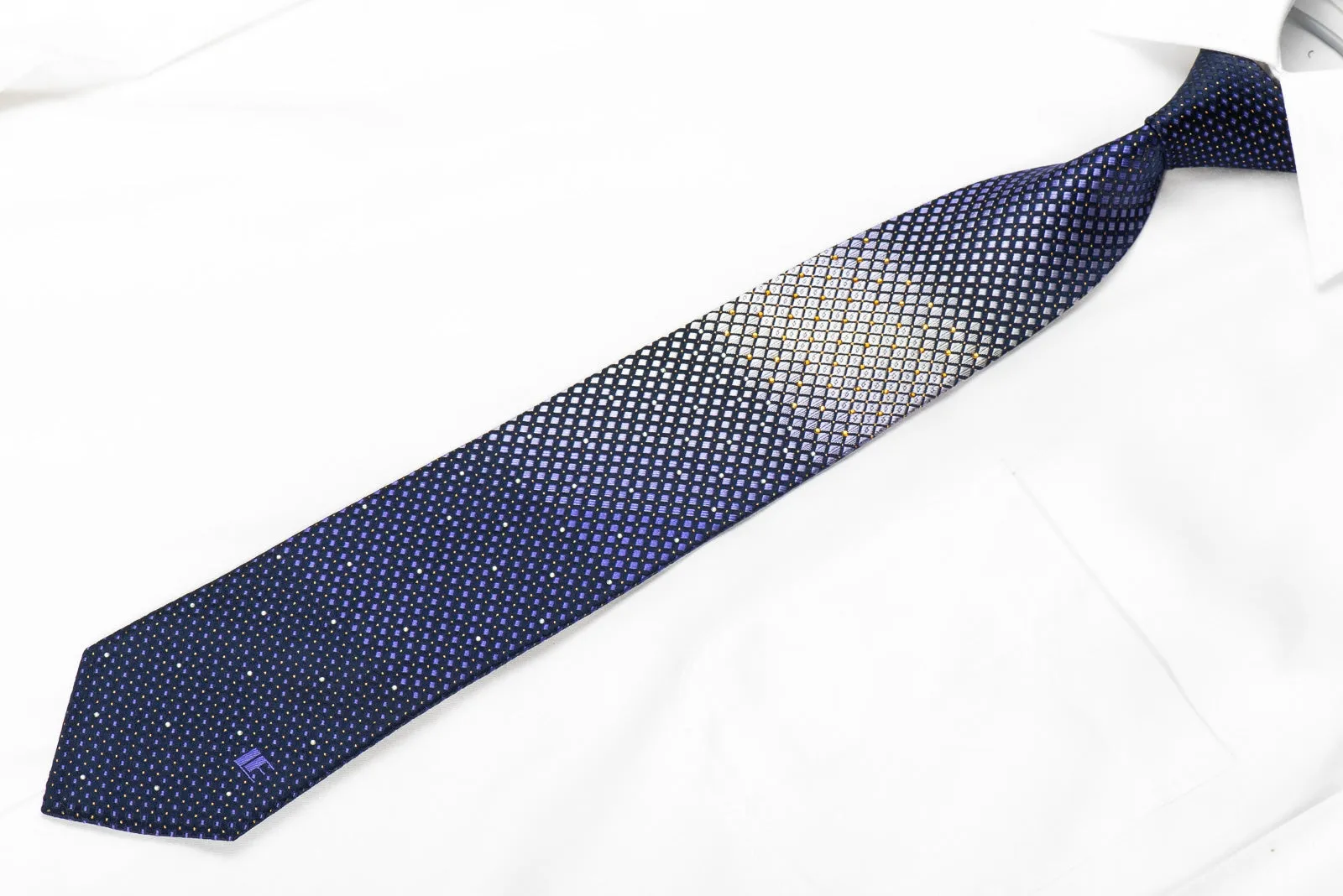 London Fog Men's Crystal Silk Necktie Purple Silver Geometric Checker On Navy With Sparkles