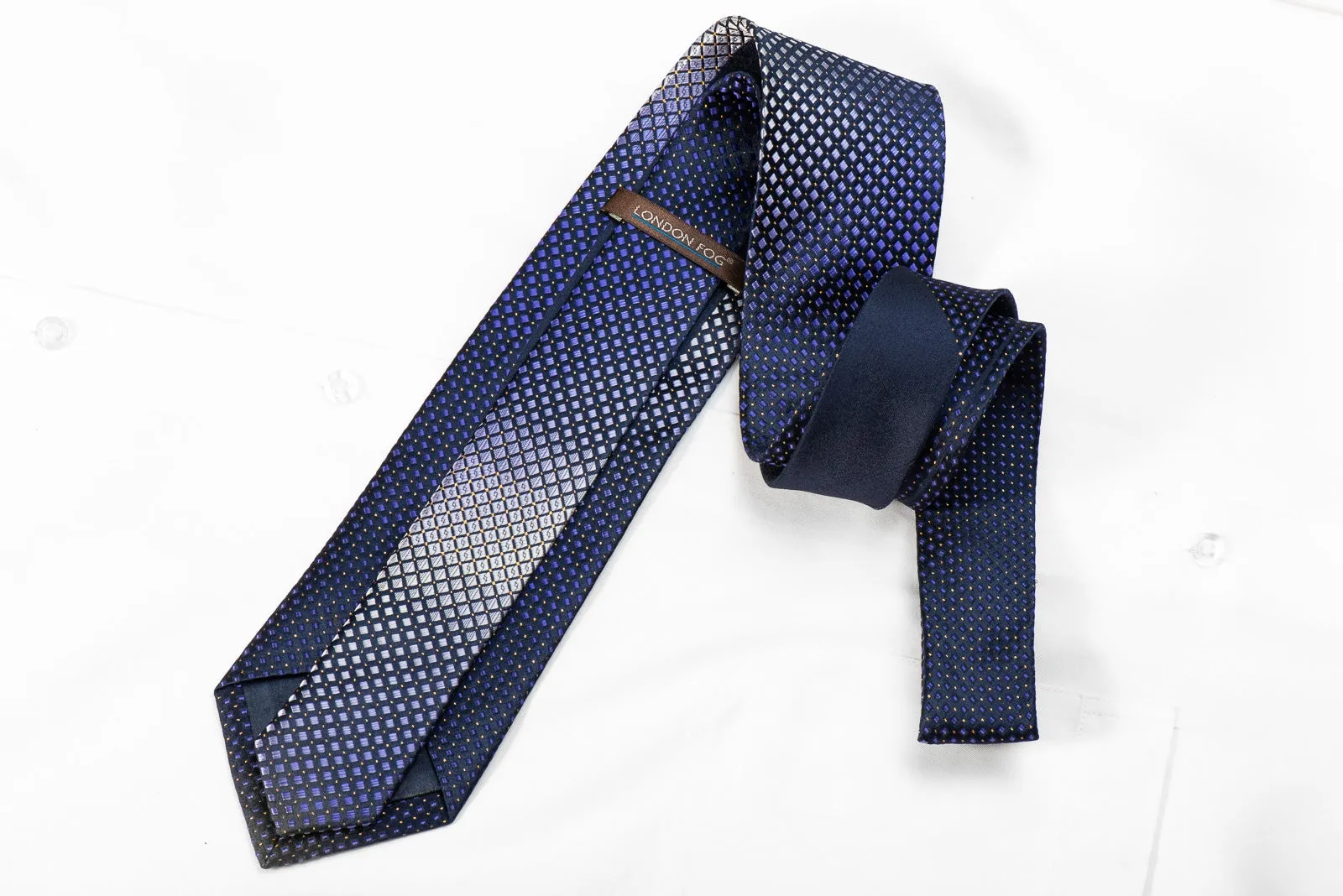 London Fog Men's Crystal Silk Necktie Purple Silver Geometric Checker On Navy With Sparkles