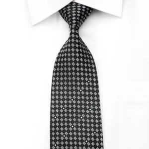 Louis Quatorze Men's Silk Tie Silver Black Checkered Sparkling With Crystal Rhinestones