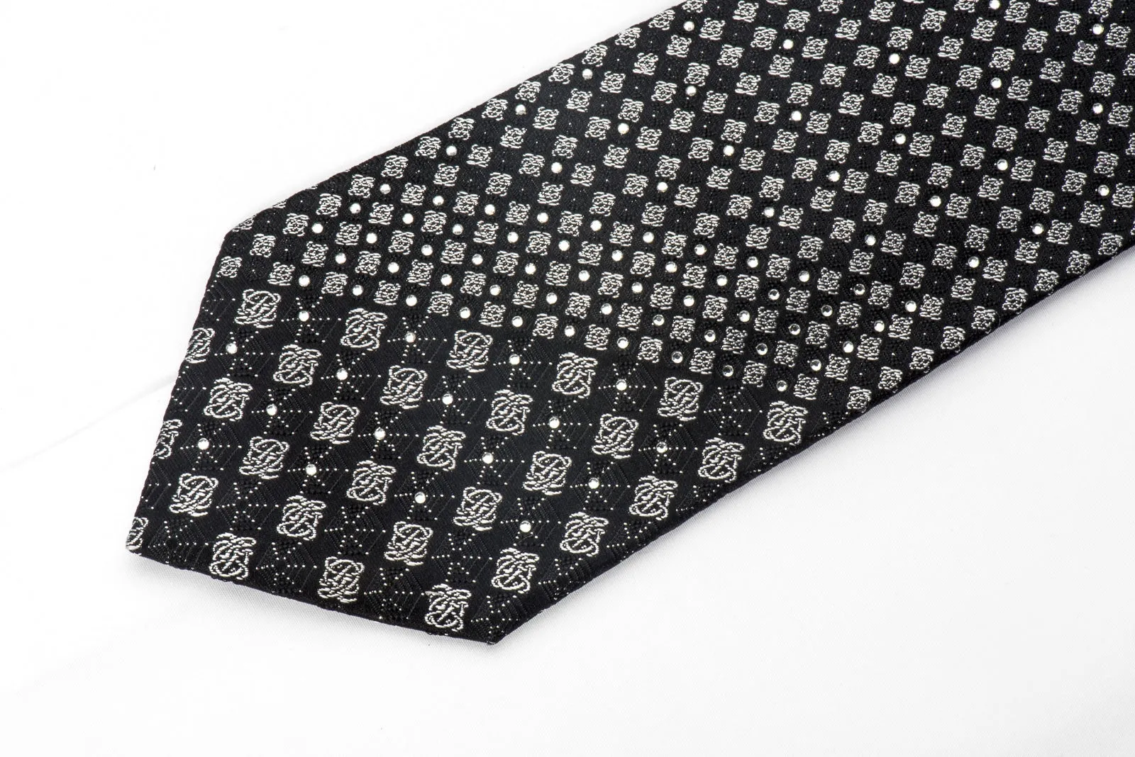 Louis Quatorze Men's Silk Tie Silver Black Checkered Sparkling With Crystal Rhinestones