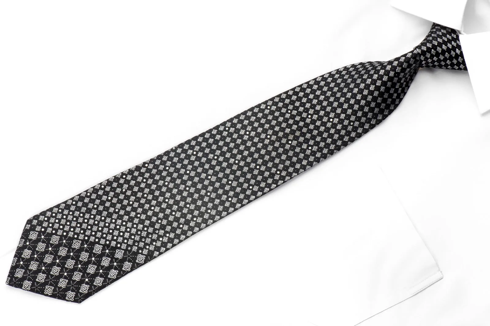 Louis Quatorze Men's Silk Tie Silver Black Checkered Sparkling With Crystal Rhinestones