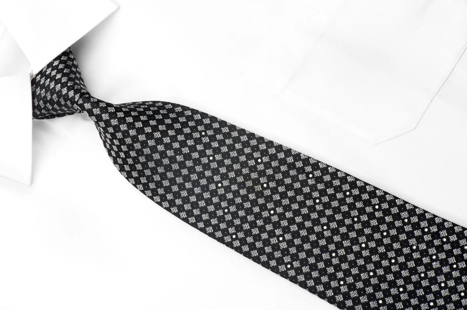 Louis Quatorze Men's Silk Tie Silver Black Checkered Sparkling With Crystal Rhinestones