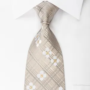 MCM Rhinestone Silk Necktie Floral On Cream Silver With Gold Sparkles