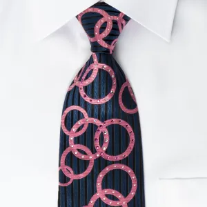 Nina Ricci Rhinestone Necktie Pink Geometric Circles On Blue Woven Silk