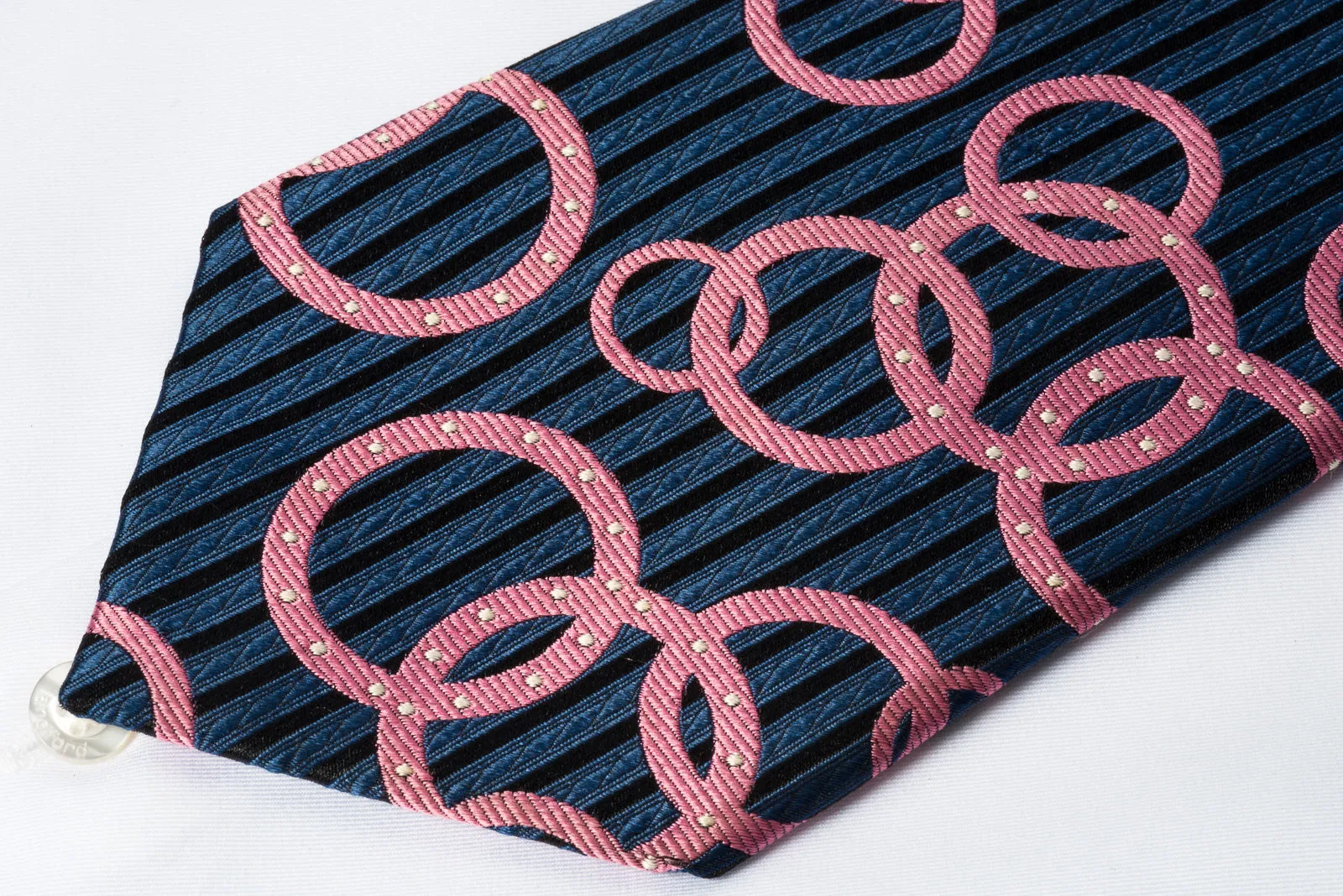 Nina Ricci Rhinestone Necktie Pink Geometric Circles On Blue Woven Silk