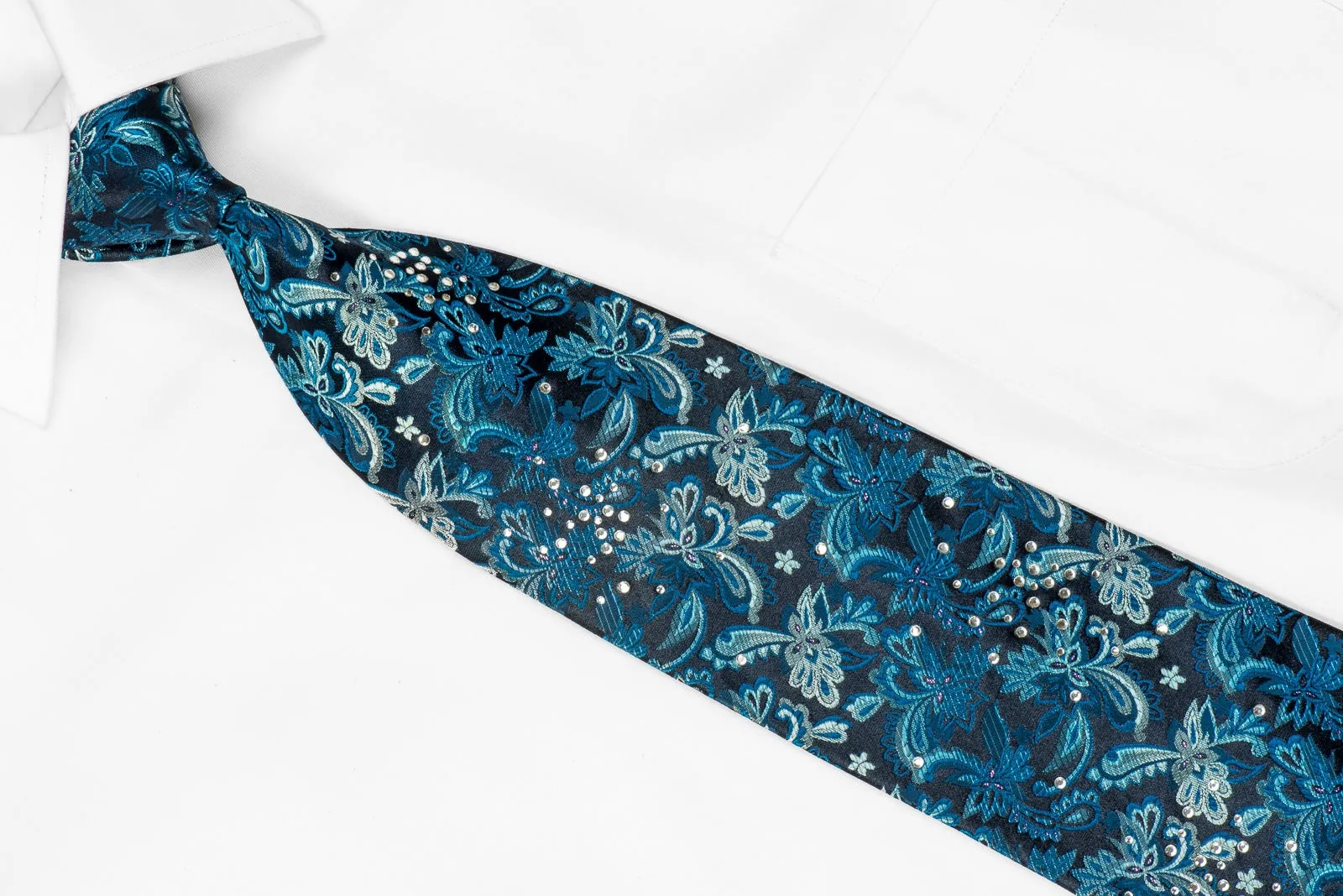 OVO Classic Mens Crystal Silk Necktie Floral On Navy Blue With Sparkles