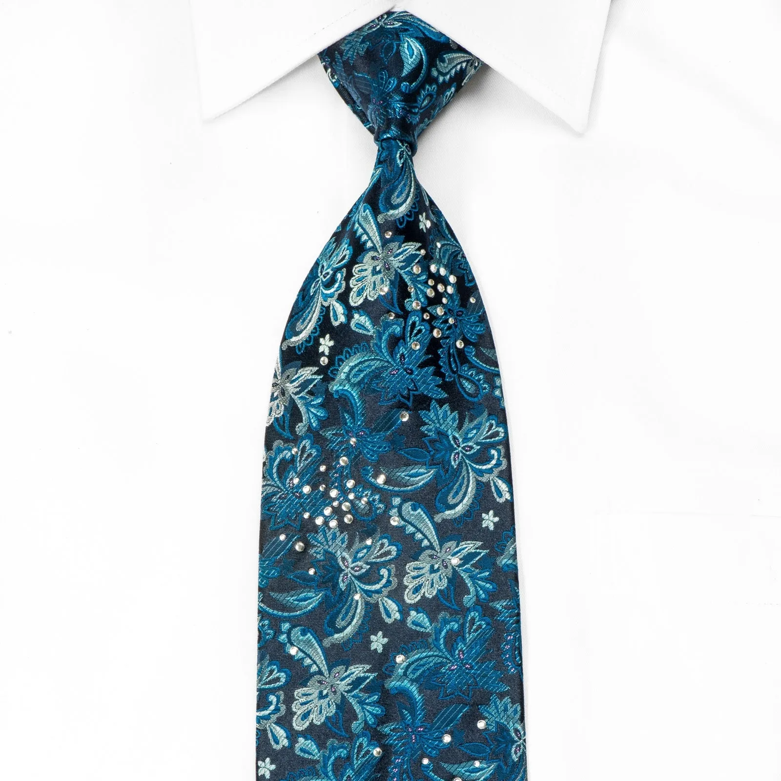 OVO Classic Mens Crystal Silk Necktie Floral On Navy Blue With Sparkles