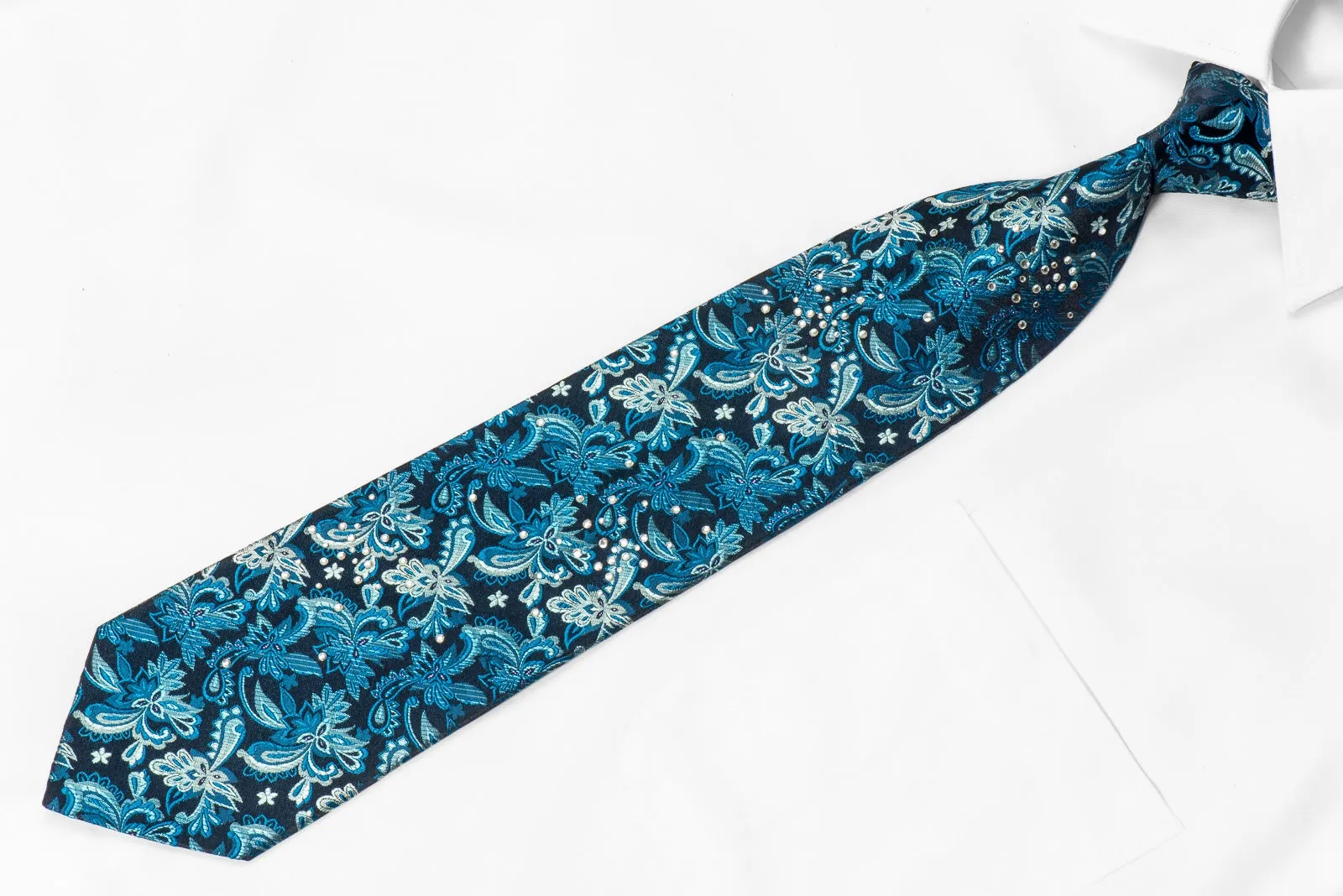 OVO Classic Mens Crystal Silk Necktie Floral On Navy Blue With Sparkles